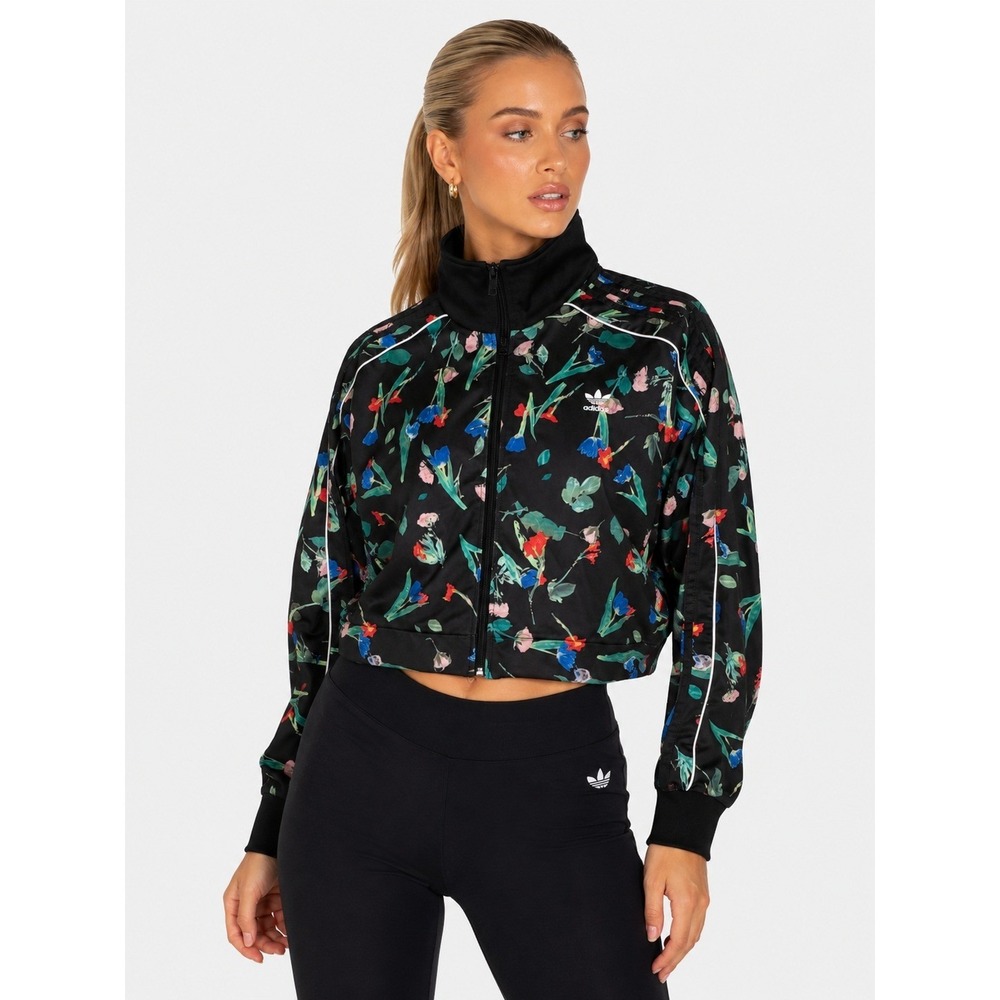 Adidas Originals XL Floral Cropped Track Jacket Black Multi Zip Up